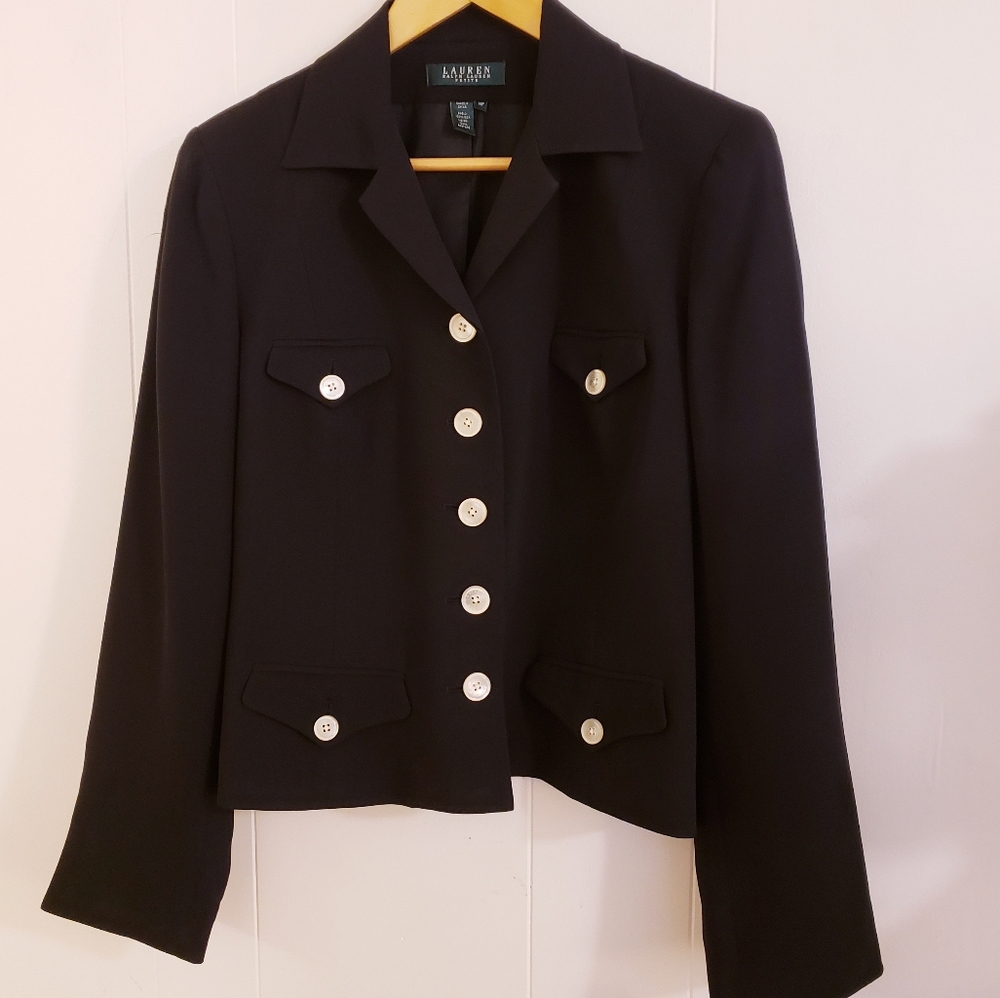 NWT Lauren Ralph Lauren Petite Women 14P Blazer Jacket Black 100% Silk Button Up - Picture 1 of 13
